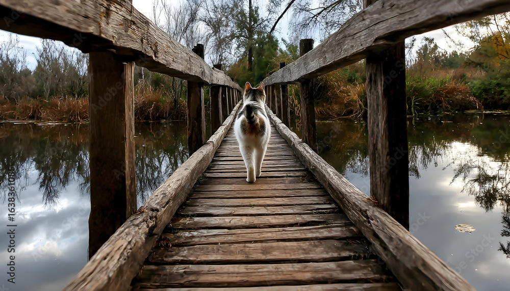 Fototapeta premium A beloved cat walks on the over the rainbow wooden bridge with wooden side rails over a body of water