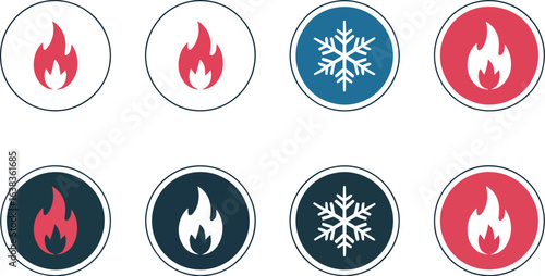 Set of minimalist circular icons for temperature control, featuring flame and snowflake symbols for heat and cold.