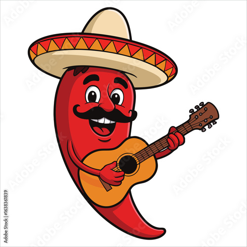 Red chili pepper cartoon character with Mexican hat and mustache playing guitar vector illustration ideal for food festival and cultural design