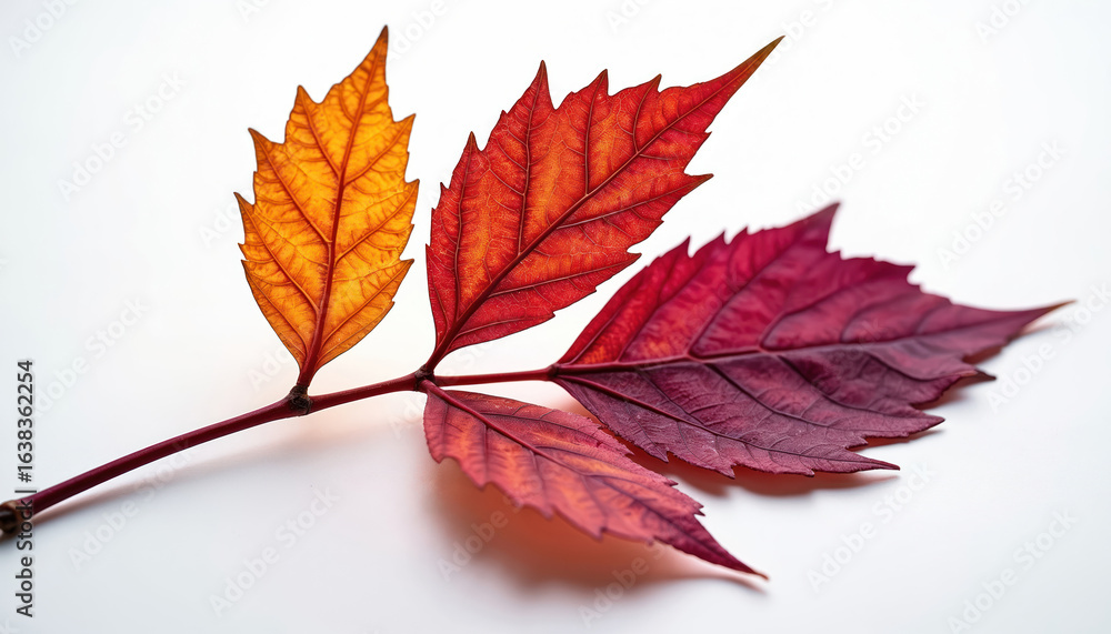 Naklejka premium Macro shot of autumn leaves transitioning from vibrant yellow to deep red, purple hues. Detailed leaf veins, serrated edges showcase nature intricate symmetry. Isolated on clean white background,
