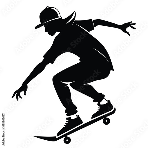 Silhouette of a Skateboarder Performing a Trick Intense Black and White Illustration of a Young Athlete in Action Sports
