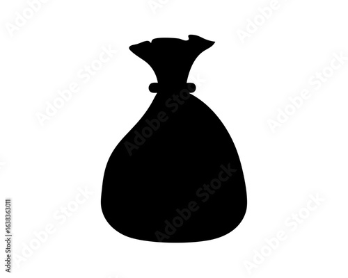 Simple black silhouette of a tied sack bag on white background