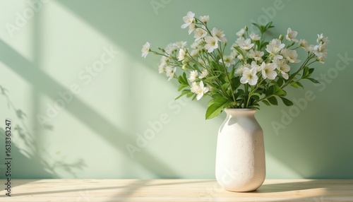Wallpaper Mural White vase with delicate white flowers, green leaves placed on light wooden table. Soft light casts natural shadows on pastel green wall creating serene, calm atmosphere. Minimalist interior design. Torontodigital.ca