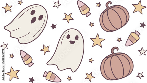 Halloween themed background with ghosts pumpkins candy corn and stars in a cute cartoon style