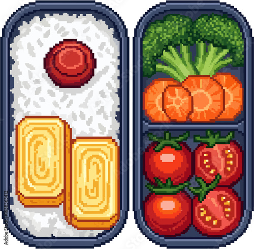 Pixel art depiction of a meticulously prepared bento box containing rice, tamagoyaki, pickled plum, broccoli, carrots, and cherry tomatoes.