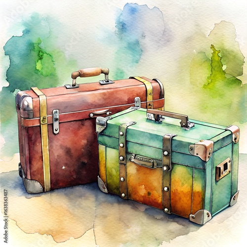 Watercolor Vintage Travel Suitcases