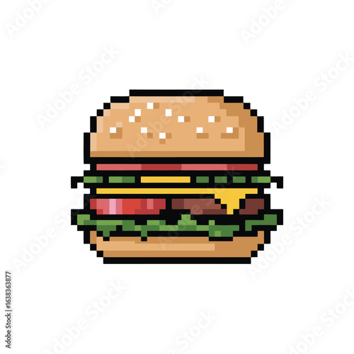 Pixel Art Burger Illustration A Retro Gaming Style Delicious Treat for Digital Foodies and Nostalgic Gamers