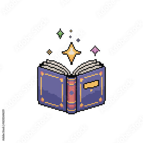 Pixel Art Magic Book with Shining Stars Conjuring Wonder and Fantasy in Digital Realm