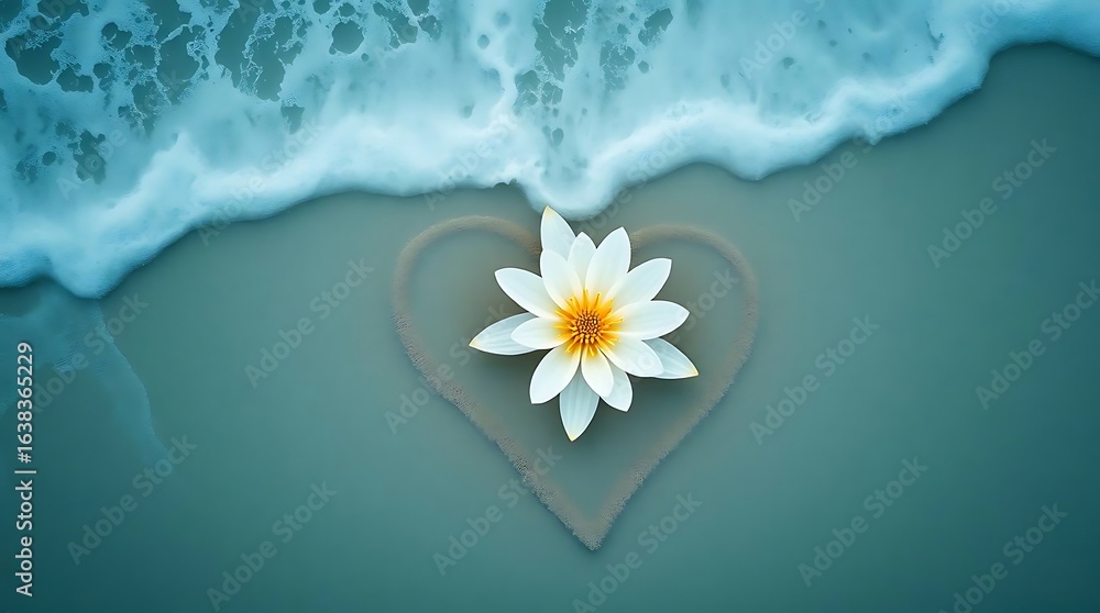 Obraz premium Serene White Lotus Flower in Heart Shape on Sandy Beach, Calm Ocean Wave Background Photo