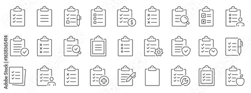 Clipboard and checklist thin line icons set. Editable stroke. Vector