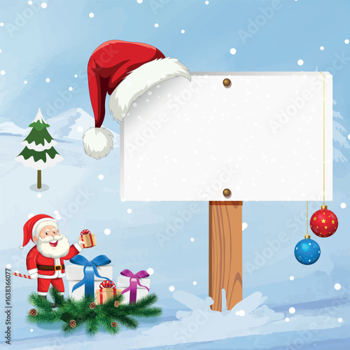 Christmas Sign, Blank Christmas winter sign, An illustration of a Christmas post template, snow flakes Christmas baubles, Featuring a Santa's hat, Santa Claus nice billboard for you message.