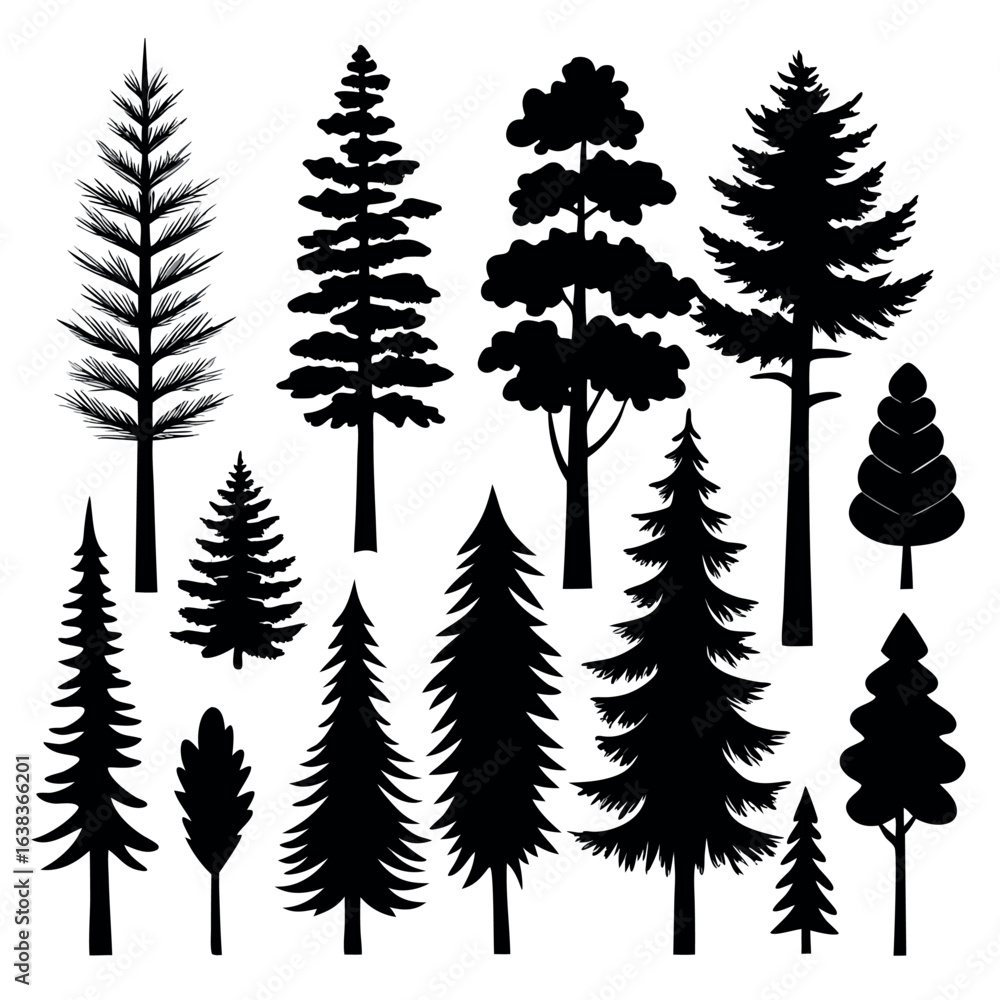 Naklejka premium Set of Tree Silhouettes – Isolated Pine and Spruce Tree Illustrations | Winter Christmas EPS 10 Vector Images