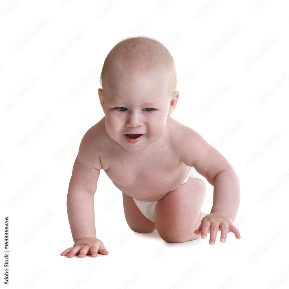 Cute little baby crawling on white background Cute little baby crawling on white background