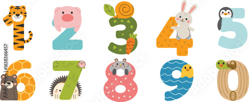 Animal number characters, kids learning design, cartoon numbers 1 to 10, educational illustration for children, cute playful style, vector flat cad drawing