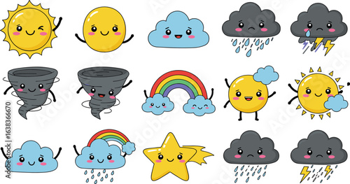 Cute Weather Icons Set with Emotions, Cartoon Sun Cloud Rain Rainbow Tornado Lightning Star Characters, Kids Friendly Flat Vector CAD Drawing Illustration