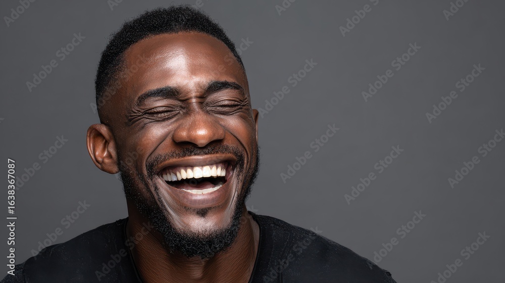 Obraz premium handsome unshaven young darkskinned male laughing out loud at funny meme he found on internet smiling broadly showing his white straight teeth positive human facial expressions and emotions no logos 