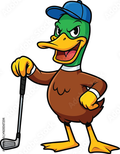 Cartoon duck wearing cap with golf club ready to swing for a fun day