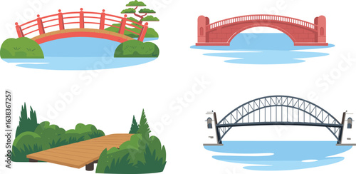 Collection of cartoon bridge illustrations over water, wooden, steel and stone bridges in nature scene, flat vector style, perfect for design and education