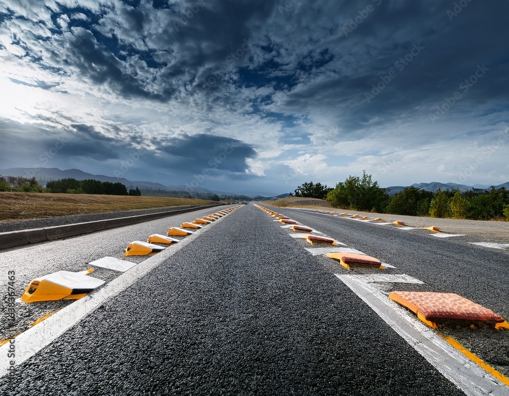 Fototapeta premium perspective view of roadway with speed bumps under an overcast sky scene