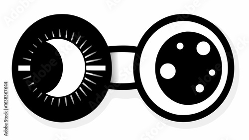 Two linked circles displaying phases of the moon with one circle showing a crescent and sun rays and the other showing silhouette