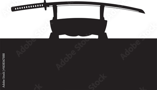 Black Silhouette of Katana Displayed on Wooden Sword Stand Isolated on White Background
