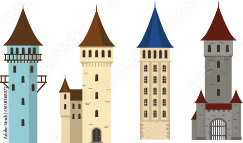 Medieval castle tower flat vector illustration, cartoon fortress building set with various rooftops, ancient architecture design for fantasy game or historic themes