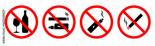 no smoking, vaping or drinking signs set. warning signs for prohibition on alcohol, cigarette and electric cigarette. forbidden signs for hospital, public place, office etc place. 