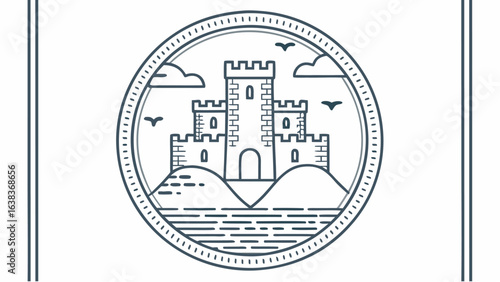 Illustration of a castle with towers and battlements surrounded by birds and clouds in a circle frame | editable eps vectors silhouette