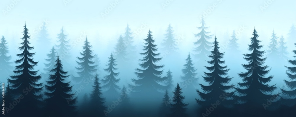 Fototapeta premium Dense misty fir trees silhouetted in a calming blue atmospheric scene