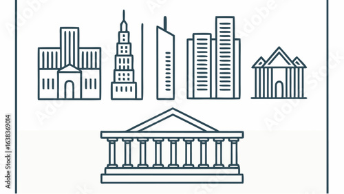 Illustration of a cityscape with various buildings including classical structures and modern skyscrapers line art | editable eps vectors silhouette