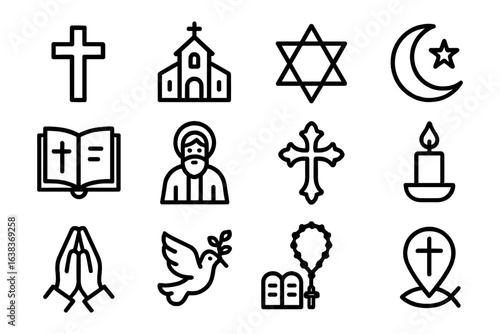 Minimalist outline religious symbols set with cross, star, and moon