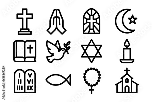 Religious symbols icon set featuring cross, rosary, and star of david in linear style