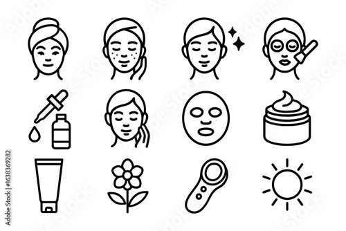 Minimalist skincare routine icons: beauty, treatment, wellness essentials for healthy skin