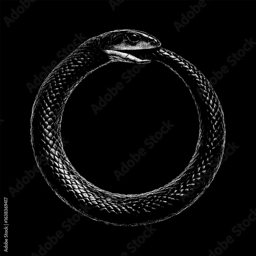 A monochrome illustration of an ouroboros, a snake biting its own tail to form a perfect circle, featuring detailed scales and shading on a black background, symbolizing infinity and eternal cycles