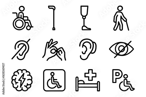 Accessibility icons set featuring disability symbols in linear style