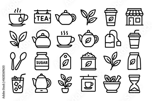 Elegant tea icons set: outline design with kettles, cups, leaves, and more