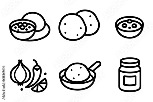 Bold line art of traditional indian cuisine dishes and ingredients