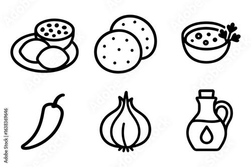 Simple black and white icons of indian cuisine ingredients and dishes
