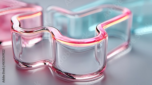 Translucent glass shapes with glowing edges, set against a blurred background, creating an elegant and modern 3D illustration.