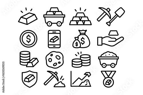 Mining icons: gold exploration and financial growth symbols in linear style