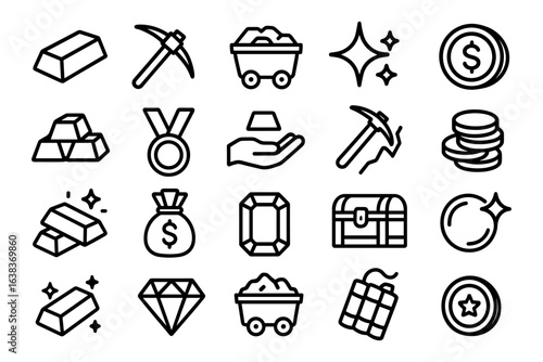 Outline icons of mining and wealth elements: gold, gems, tools, and treasure