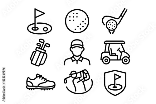 Golf icons set: minimalist line art of course, equipment, and players