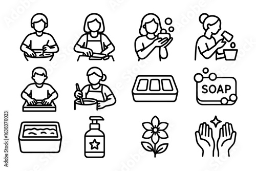 Black and white line art of hygiene practices and daily cleaning activities