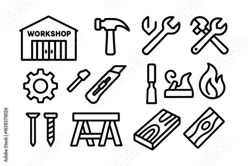 Workshop tools icons set: hammer, wrench, saw, and more in bold linear style
