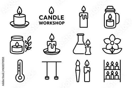 Minimalistic candle workshop icons set featuring various candle designs and supplies