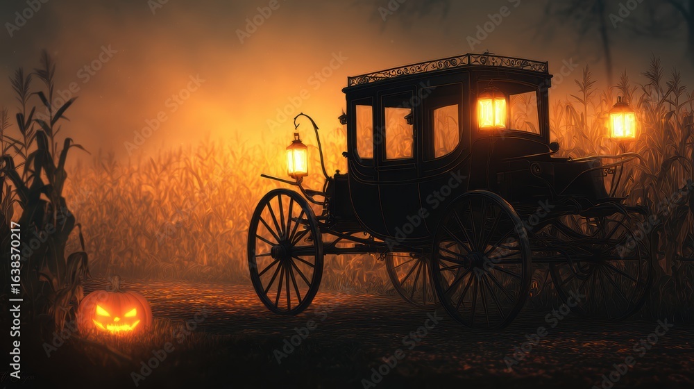 Fototapeta premium Spooky Halloween scene featuring a vintage carriage illuminated by lanterns in a cornfield at dusk