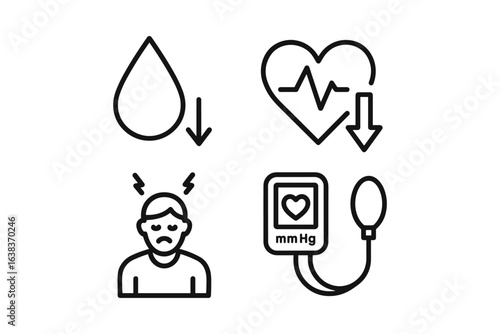 Linear icons: low blood pressure indicators and symptoms