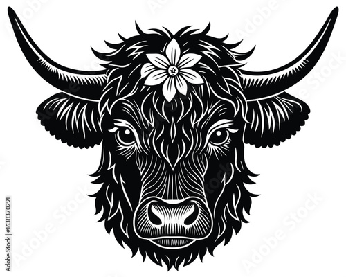 Detailed Black and White Portrait of a Highland Cow