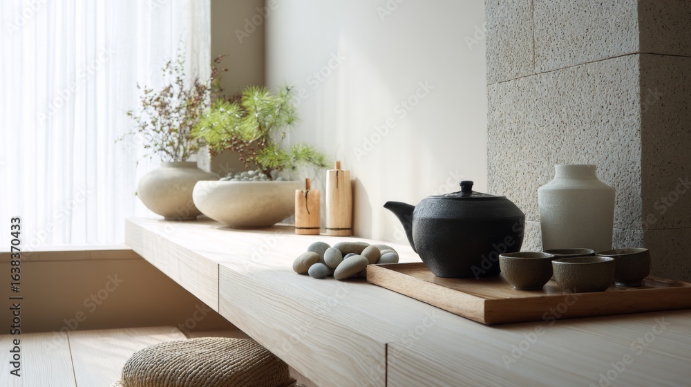 Fototapeta premium Serene Minimalist Kitchen for Tea Ceremony with Natural Elements and Zen Aesthetics
