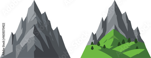 Flat vector mountain illustration, rocky peak and green hill landscape, natural environment scene design for CAD drawing, outdoor terrain concept in cartoon style.